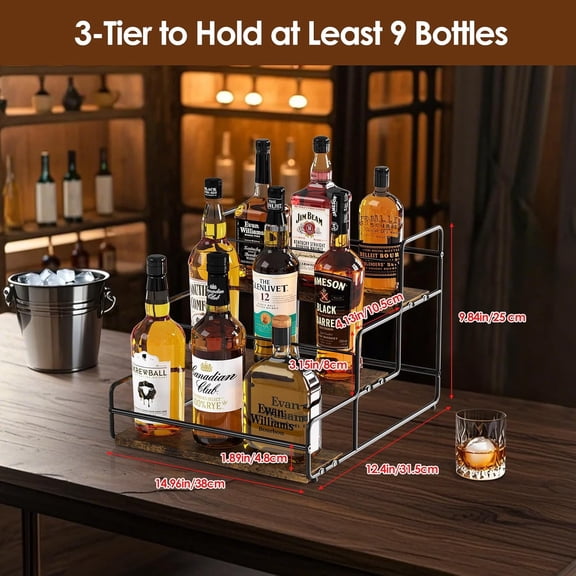 PYAN-Liquor Bottle Display Shelf, 3-Tier Liquor Shelf, Carbon Steel Bar Cabinet with Wooden Base and Retainer Bar for Whiskey Syrup Wine, Wine Rack for Countertop Kitchen Coffee Bar, Black