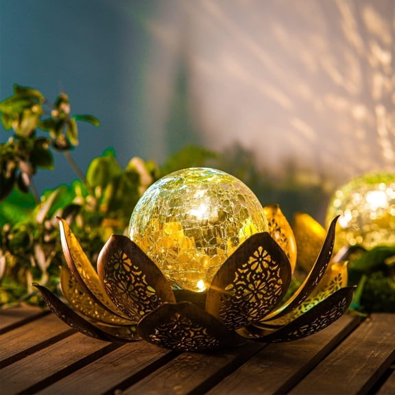 PYAN-Lotus Solar Light Outdoor Garden Decoration for Patio, Lawn, Walkway, Tabletop, Waterproof Metal Lotus & Glass Globe Emit Crackle Light, Golden