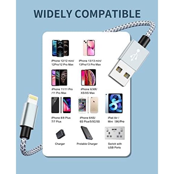 PYAN-MFi Certified iPhone Charger, 4Packs(3/6/6/10FT) USB iPhone Charging Cable Nylon Braided Fast Charging Cord Compatible for iPhones/Pad(Gray +White)