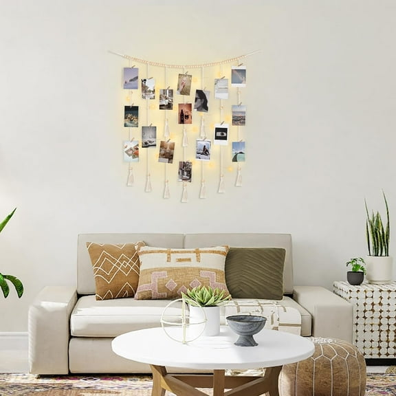 PYAN-Macrame Hanging Photo Display Wall Decor with String Lights Boho Room Bedroom Wooden Beads Garland Picture Greeting Cards Holder with 45 Clips