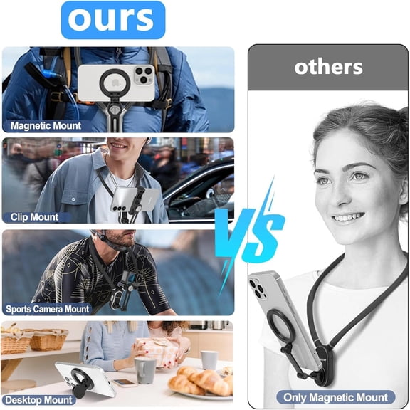 PYAN-Magnetic Neck Phone Holder, 4 in 1 Neck Mount for Phones Action Camera Gopro, Hand Free Cell Phone Neck Holder for Recording POV/Vlog Video Selfie, Neck Tripod for iPhone, GoPro, Android Phones