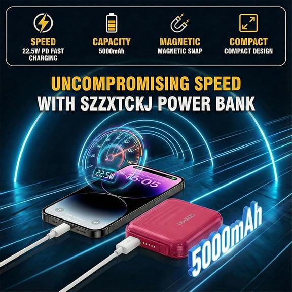 PYAN-Magnetic Portable Charger 5000mAh Wireless Power Bank, 15W Magnetic & 22.5W USB-C Fast Charging, Compact Battery Pack for iPhone 17/16/15/14/13/12 and Android Phones (Rose red)