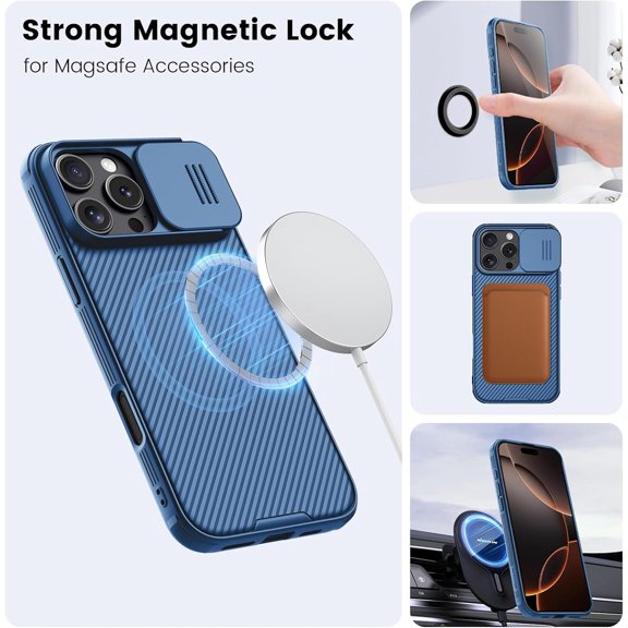 PYAN-Magnetic for iPhone 16 Pro Max Case, Upgraded Slide Camera Cover, Compatible with Magsafe, Slim Shockproof Protective Phone Case for 16 Pro Max 6.9 inch, Blue