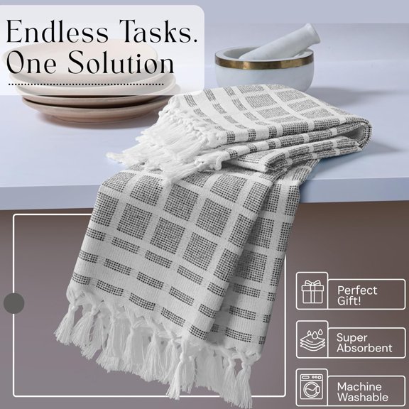 PYAN-Matrix Dobby Kitchen Dish Towels Set of 4, 100% Cotton, 16x26 Inches, Reusable Dishcloths with Handmade Knotted Tassels, Absorbent, Washable Towels for Cleaning - Dark Gray, White