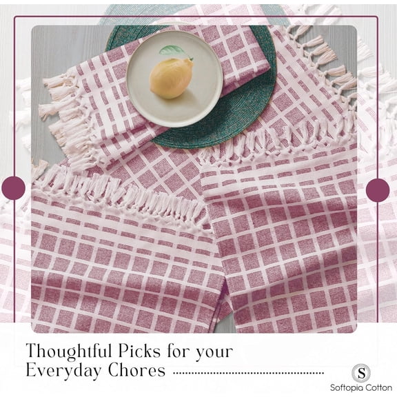 PYAN-Matrix Dobby Kitchen Towels 4 Pack 100% Cotton, 16x26 Inches, Decorative Tea Towels with Handmade Tassels, Absorbent Reusable Dish Cloths for Kitchen Drying - Burgundy Wine, Natural