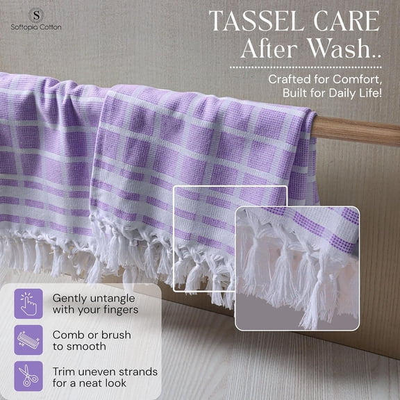 PYAN-Matrix Dobby Kitchen Towels 4 Pack, 16x26 Inches, 100% Cotton, Absorbent Reusable Dish Cloths with Handmade Tassels, Washable Hand Towels for Drying - Lavender, White