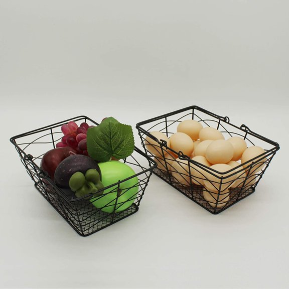 PYAN-Metal Wire Fruit Baskets, Set of 2, Black, Rustic, Oval, Sturdy, Open Top, Powder Coated, Kitchen Hanging Baskets
