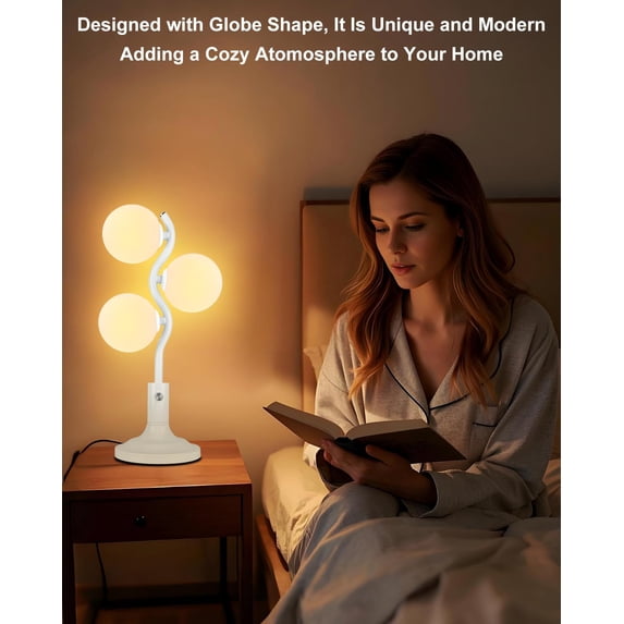 PYAN-Mid Century Globe Table Lamp Dimmable Modern 3 Lights White Desk Lamp 3000K Warmwhite Bedside Table Lamp for Bedroom Living Room Study Room(G9 Bulbs Included)