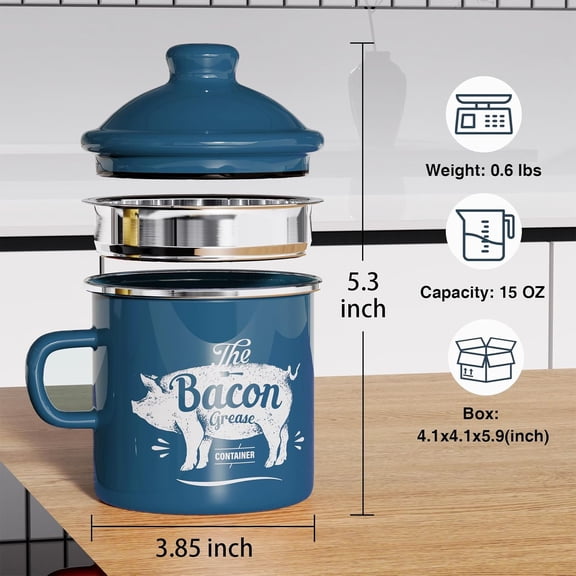 PYAN-Mini Bacon Grease Container With Strainer - 15OZ Enamel Grease Saver, Farmhouse Bacon Grease Keeper For Kitchen Fat Storage, Dishwasher Safe-Blue