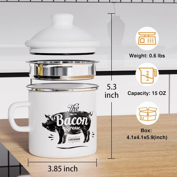 PYAN-Mini Bacon Grease Container With Strainer - 15OZ Enamel Grease Saver, Farmhouse Bacon Grease Keeper For Kitchen Fat Storage, Dishwasher Safe-White
