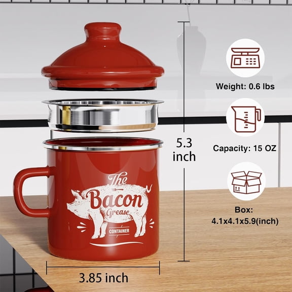 PYAN-Mini Bacon Grease Container With Strainer - 15OZ Enamel Grease Saver, Farmhouse Bacon Grease Keeper For Kitchen Fat Storage, Dishwasher Safe-Red