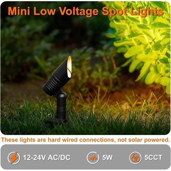 PYAN-Mini Low Voltage Spot Lights Outdoor, 5W 12V LED Landscaping Spot Lights Wired for Outdoor Uplighting Yard Garden Tree House, 60 Beam Angle, 2200K/2700K/3000K/4000K /5000K, Black, 1PK