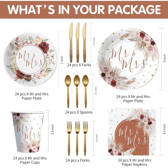 PYAN-Mr And Mrs Bridal Shower Decorations Tableware, Mr Mrs Boho Wedding Party Supplies, Paper Plate, Cup, Napkin, Cutlery, Pampas Grass Theme Bridal Shower Table Decorations, Serves 24