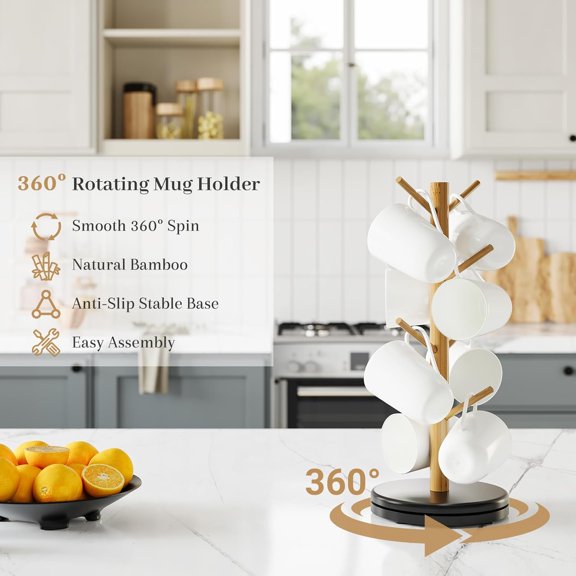 PYAN-Mug Holder Tree, 360 Rotating Coffee Cup Rack with 8 Hooks, Bamboo Mug Organizer Stand for Countertop, Kitchen & Coffee Bar Accessories, Space-Saving Home Decor (Natural+Black Base)