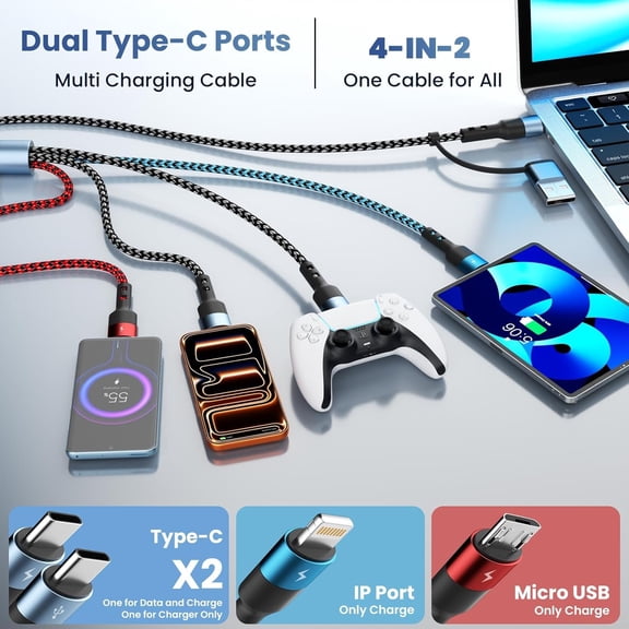 PYAN-Multi Charging Cable, 6-in-1 USB A/C Cable with Dual Type-C/IP/Micro USB, (2Pack 5FT) Multi Chargers Cord for All Devices, Phone Charger Cord for iPhone 17/16/15/14, Galaxy, Android
