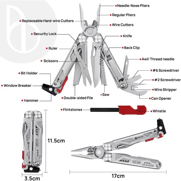 PYAN-Multitool Pliers BI2038B, 22-in-1 Stainless Steel Multi Tool with Flint, Window Breaker, Scissors, Back Clip, Folding Pocket Multifunctional Self-locking EDC Tool for Survival Camping Hiking