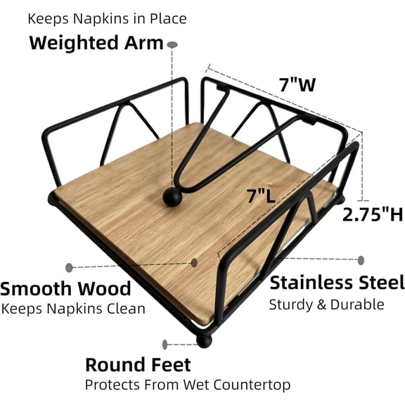 PYAN-Napkin Holder for Table, Square Metal Napkin Holder with Weight Arm for Kitchen Countertop (Black)