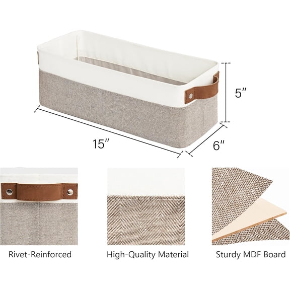 PYAN-Narrow Storage Bins, Small Baskets for Organizing, Long Storage Basket with Handles, Fabric Storage Bins for Shelf, Brown and White, 2-Pack