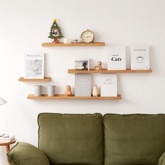 PYAN-Natural Oak Wood Wall Shelves - Floating Shelf, 12 Inch, Display Picture Ledge, Bedroom, Living Room, Bathroom, Office, Kitchen Storage