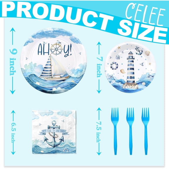 PYAN-Nautical Birthday Party Decorations Set - Nautical Party Decorations, Plates, Napkins, and Forks for 20 Guests - Nautical Themed Disposable Tableware and Birthday Decorations