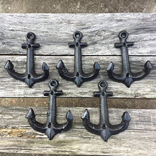 PYAN-Nautical Cast Iron Ship Anchor Weathered Nautical Wall Hooks Coat Hook, Screws Included (5 PCS)
