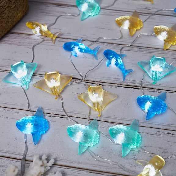 PYAN-Nautical theme Sea Life Decorative Fairy String Lights, Whale Shark, Sunfish, Manta Ray Cute Novelty Marine Lights 30 LEDs 10 ft USB or Battery Operated for Bedroom Classroom Beach Aquarium Wall