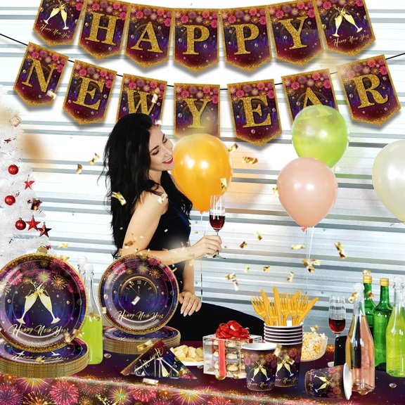 PYAN-New Year Eve Party Supplies- 142pcs Fireworks Happy New Years Decorations Tableware Set Include New Year Plates and Napkins,Cups,Banner,Tablecloth for 2026 New Years Eve Decorations