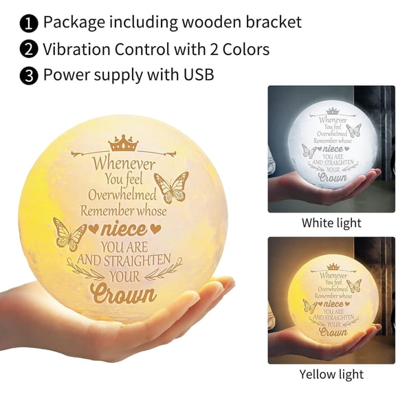 PYAN-Niece Gifts from Auntie, Mothers Day Graduation Birthday Christmas Wedding Gifts for Niece Moon Lamp, 3D Printed LED Night Light with Wooden Stand Niece Birthday Gifts