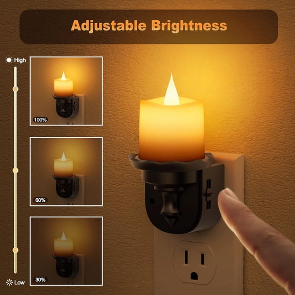 PYAN-Night Lights Plug into Wall, 2 Pack Flameless Flickering Electric Fake Candle Night Light with Dusk to Dawn Sensor, 3000K Soft White, 0-100LM Dimmable Nightlight for Bathroom Bedroom Hallway