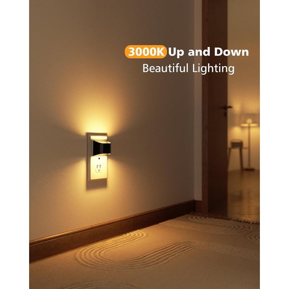 PYAN-Night Lights Plug into Wall, 4 Pack Up and Down LED Night Light with Dusk to Dawn Light Sensor, 3000K Warm White Nightlight for Hallway, Bedroom, Bathroom, Kitchen Black