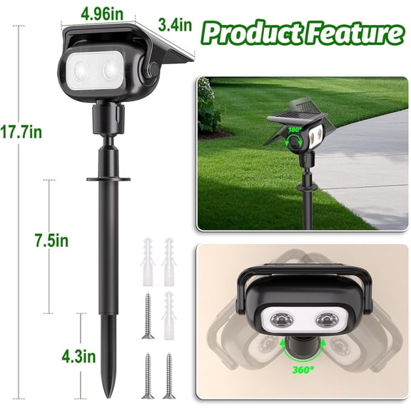 PYAN-Nreonrick Solar Spot Lights 360 Adjustable Solar Lights Outdoor IP65 Waterproof with 2-in-1 Solar Powered Spotlights for Landscape Lighting for Garden, Yard, Pathway (Cool White, 2 Pack)
