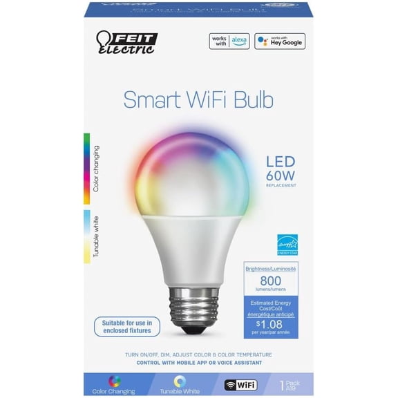 PYAN-OM60/RGBW/CA/AG Smart WiFi Color Changing and Dimmable, Alexa or Google Assistant, No Hub Required A19 LED Light Bulb, 60W