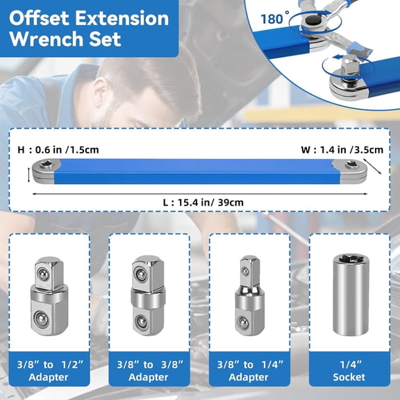 PYAN-Offset Extension Wrench,15 Inch Impact Ready Socket Wrench Extender Tool Set with 1/2", 1/4" and 3/8" Square Drive Adapters, Zero Degree Ratchet Tool for Car Blue