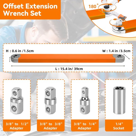 PYAN-Offset Extension Wrench,15 Inch Impact Ready Socket Wrench Extender Tool Set with 1/2", 1/4" and 3/8" Square Drive Adapters, Zero Degree Ratchet Tool for Car Orange