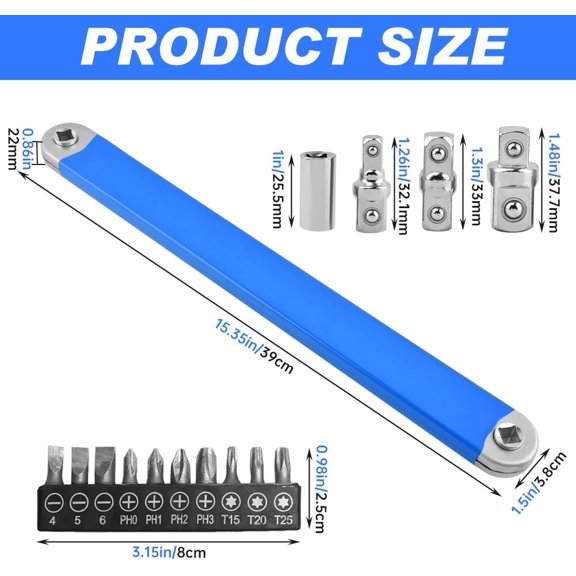 PYAN-Offset Extension Wrench,15 Inch Impact Ready Socket Wrench Extender Tool Set with 1/2", 1/4" and 3/8" Square Drive Adapters, Zero Degree Ratchet Tool for Tight Place Car