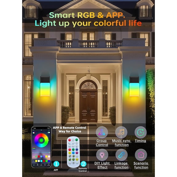 PYAN-Outdoor Wall Lights, 1500LM RGBCW Smart LED Porch Lamp Sconces, IP65 Waterproof Exterior Lighting Fixtures, Modern Decor for Garage, House, Patio, Garden, Yard, Party