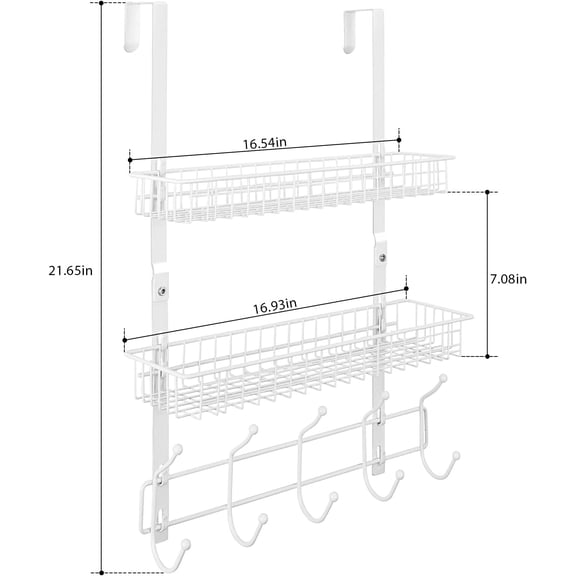 PYAN-Over The Door Hanger with 2 Mesh Baskets 5 Hooks, Detachable Storage Organizer Rack for Coats, Hats, Handbags,Towels, Easy Install Metal Hanging Hook Rack Shelf, White
