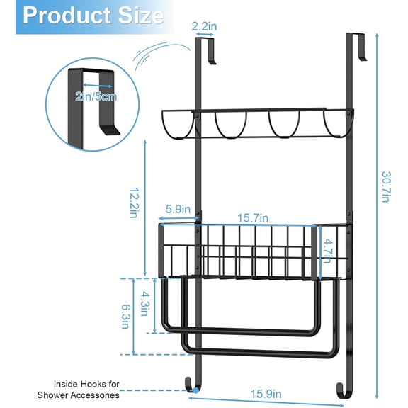 PYAN-Over The Door Towel Racks for Bathroom,4-Tier Door Towel Holder with Hooks and Basket,Over The Door Towel Bar Hanger Organizer for Bathroom Bedroom Accessories Black