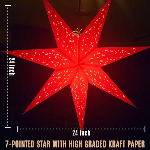 PYAN-Paper Star Lanterns, 24 Inch Naxatra (White Medium) Light Up Hollow Out 7 Pointed Star Hanging Lamp Decoration for Wedding Holiday Birthday Party Christmas Celebration Indoor Outdoor Dcor