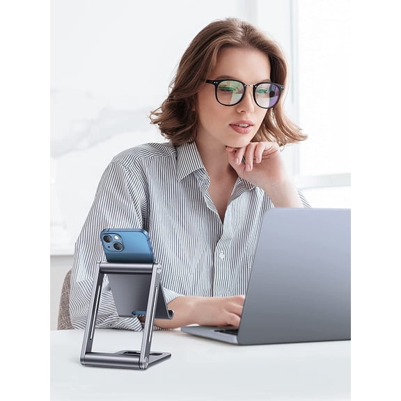 PYAN-Phone Stand for Desk Cell Phone Holder Adjustable Compatible with iPhone 17 Air/16/15/14/13 Pro Max/12 Mini/11/XS Max/XR/X/Nintendo Switch, Aluminum Metal Desktop Stand Portable, Space Grey