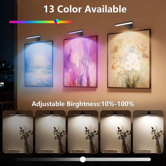 PYAN-Picture Lights for Wall,Wireless Battery Operated Picture Light,Art Gallery Light with Remote Control,13 RGB Paintings Light Dimmable and Timer for Frame, Painting,Gallery,Dartboard