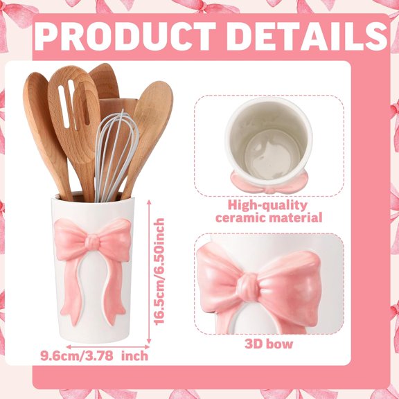 PYAN-Pink Bow Ceramic Utensil Holder 3D Coquette Cooking Utensil Crock Preppy Storage Caddy Organizer Vase Decor Pencil Holder for Christmas Kitchen Countertop School Housewarming Gift