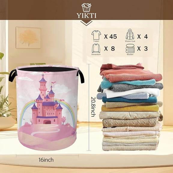 PYAN-Pink Castle Laundry Basket,Princess Clothes Hamper,Oxford Cloth Collapsible Nursery Hamper Storage Organization for Bedroom,Bathroom,Office,College Dorms,16x20 Inch