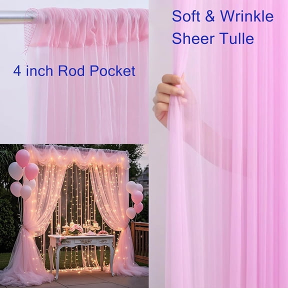 PYAN-Pink Tulle Backdrop Curtains with Lights, Elegant Sheer Photo Backdrop Drapes, Soft Fabric & LED Curtain for Wedding Brithday Parties Photoshoot Background Decor, 10ftx8ft