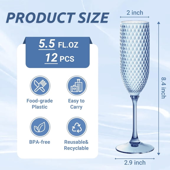PYAN-Plastic Champagne Flutes, 5.5oz Unbreakable Detachable Champagne Glasses, Reusable & Disposable BPA-free Stemware Cups for Wedding Toasting, Parties, Mimosa Bar (12pcs, Blue)