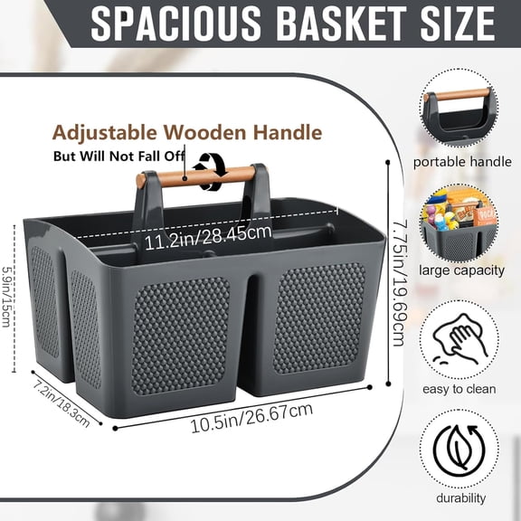 PYAN-Plastic Gray Shower Caddy Basket with 3 Compartments, Portable Divided Bathroom Cleaning Caddy Organizer Storage Tote with Handle for Dorm,College, Room Essentials