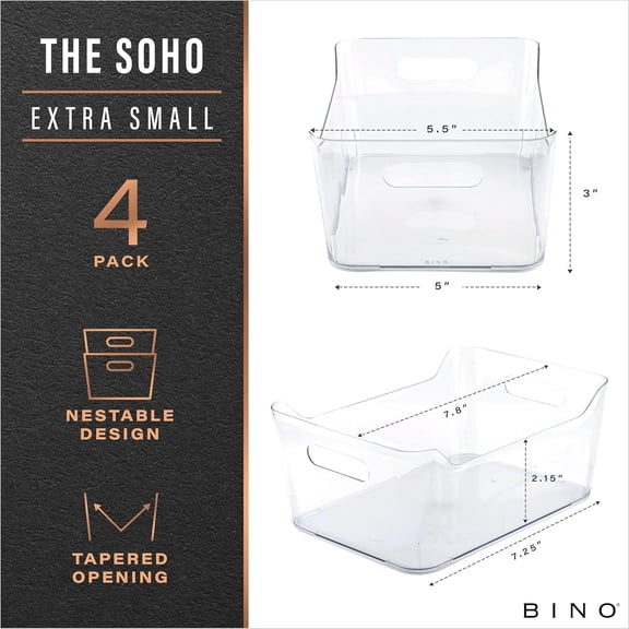 PYAN-| Plastic Organizer Bins, X-Small - 4 Pack | THE SOHO COLLECTION | Multi-Use Organizer Bins | Pantry & Freezer Bin | Plastic Storage Containers | Bin for Home & Kitchen Org
