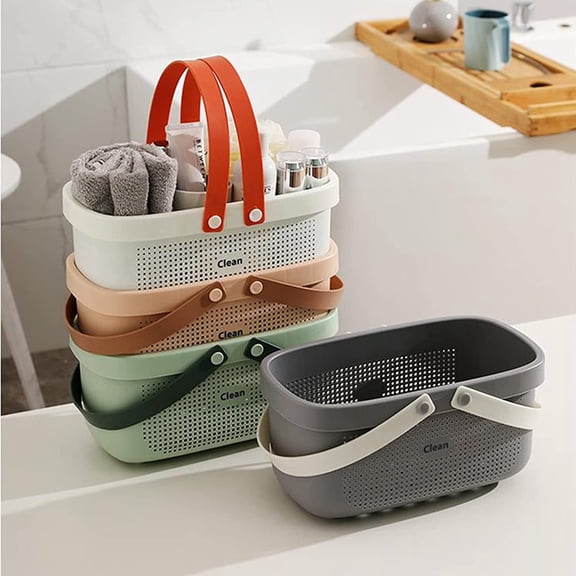 PYAN-Plastic Storage Basket with Handle Portable Shower Caddy Tote Organizer Basket Bin for Bathroom Kitchen Dorm Room Bedroom, Gray