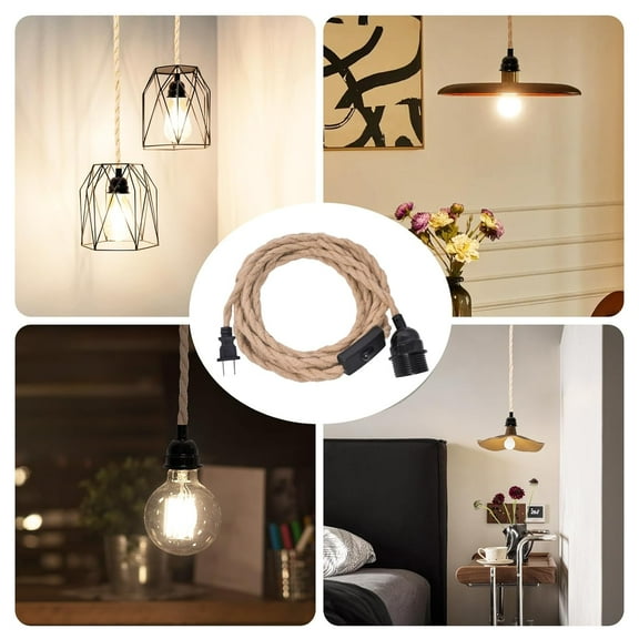 PYAN-Plug in Pendant Light Cord, Industrial Hanging Light Kit with 15FT Hemp Rope, E26 E27 Light Socket Base for Hanging Lamp Kit, Hanging Light Cord with On/Off Switch, Ideal for Room Decor-2 Pack