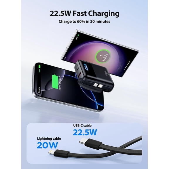 PYAN-Portable Charger 10000mAh Power Bank Fast Charging, 22.5W USB C Battery Pack with Built-in Cables, Small Portable Charger Travel Essentials Power Bank for iPhone 17 16 15 14, Samsung, iPad, Andr